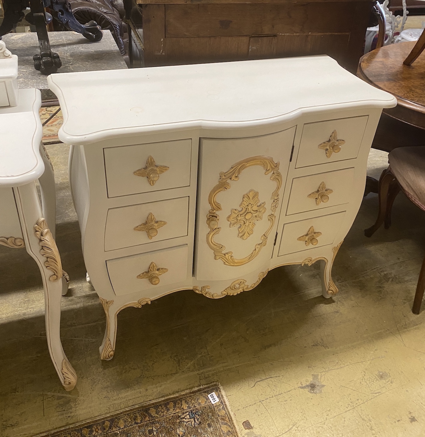 A contemporary painted dressing table, matching chest of drawers and dressing stool, larger width 90cm, depth 45cm, height 156cm